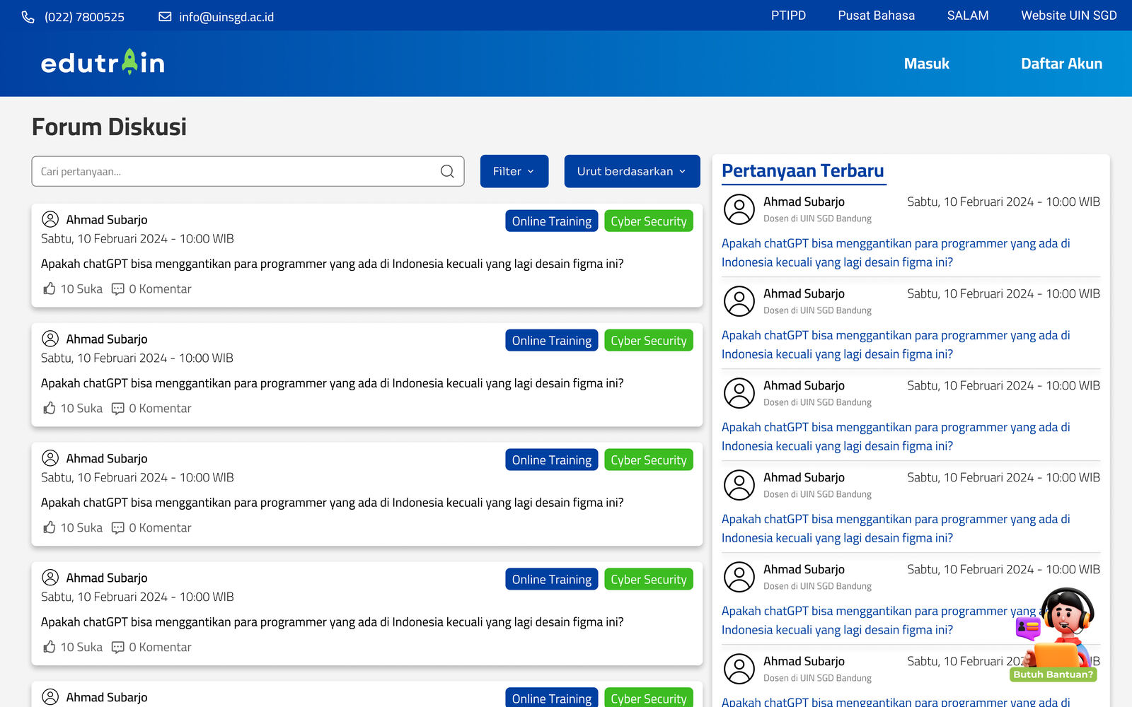 Forum diskusi beserta panel pertanyaan terbaru.