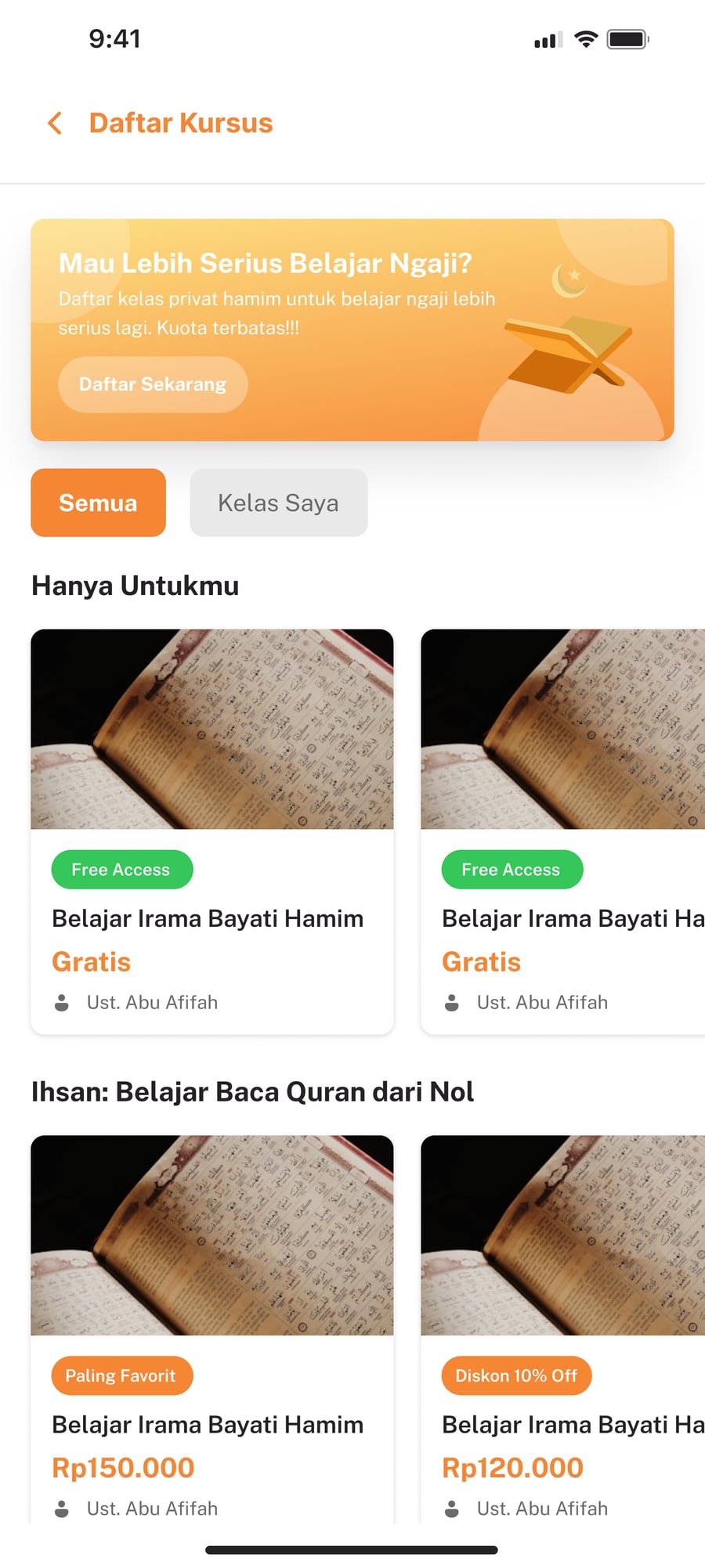 Katalog kursus dengan informasi kelas yang mudah dipindai.
