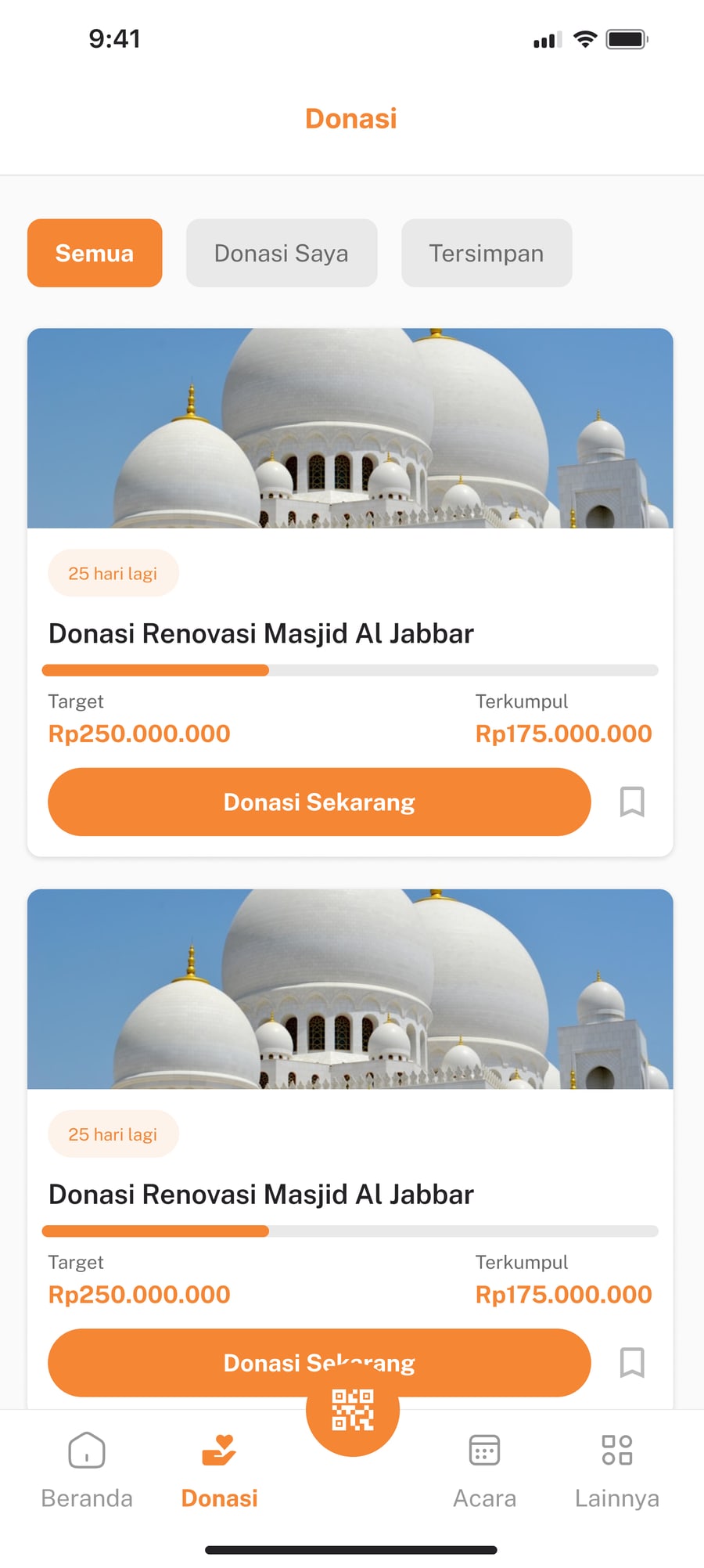 Daftar program donasi dengan progres yang transparan.